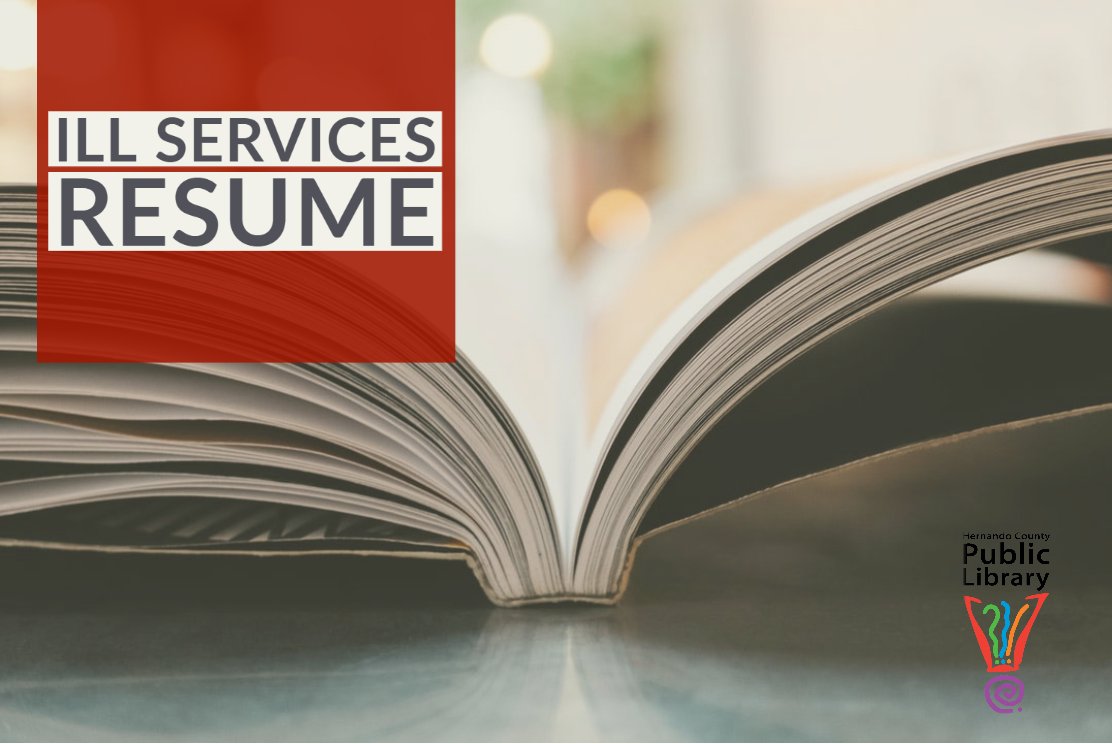 HernandoLibrary's tweet image. Interlibrary Loan Services (ILL) will resume on Monday, June 15. The service had been suspended due to COVID-19 related closures affecting delivery.