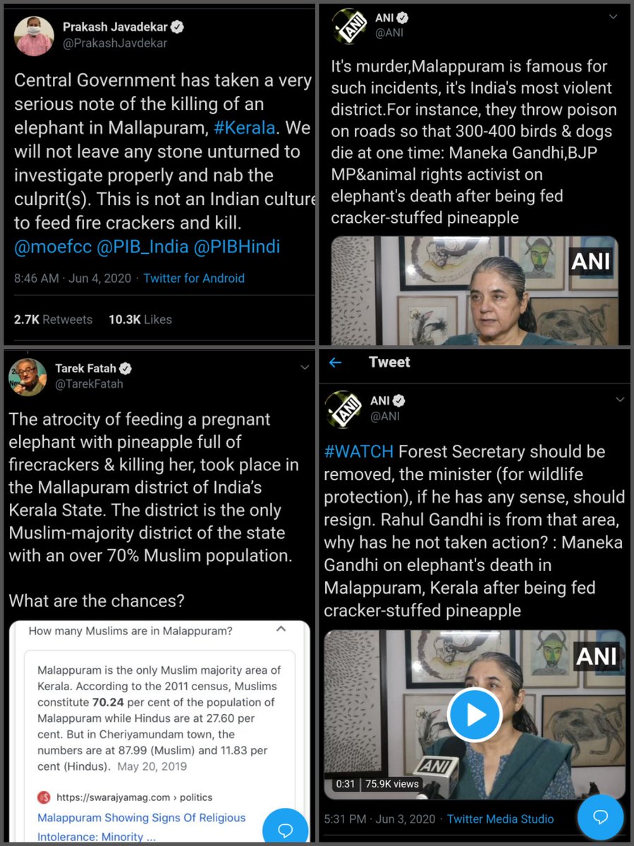 The death of the pregnant elephant moved me terribly, but the disinformation being circulated around it by motivated people needs to be spiked immediately. The incident did not happen in Muslim-majority Malappuram district, but in Palakkad. @RahulGandhi is not MP from there.
