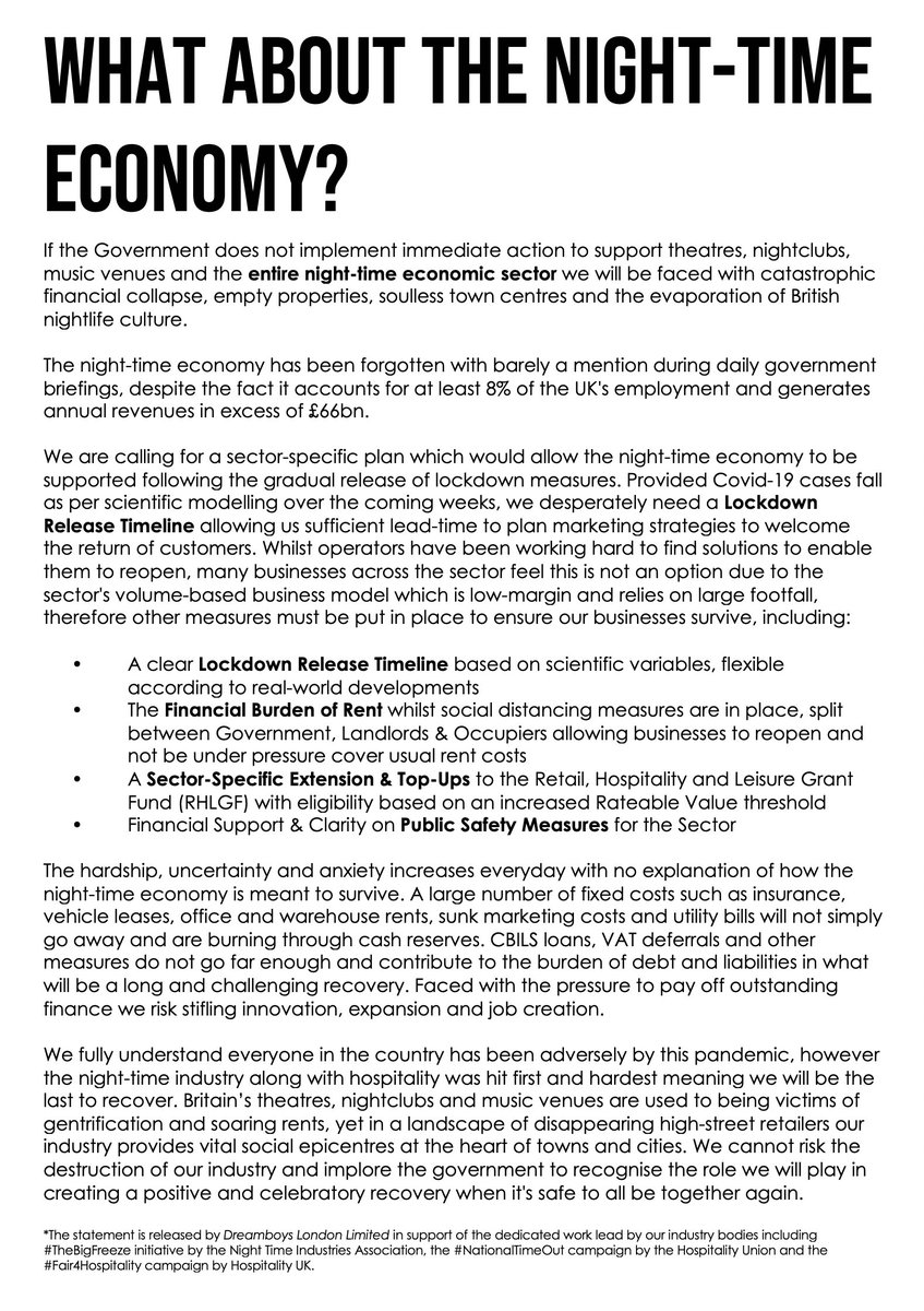 Yesterday we sent this letter to 50 MPs (along with a Dreamboys Calendar - you're welcome). We are calling for a sector-specific plan for the night-time economy and a clear Lockdown Release Timeline @wearethentia @HospoUnion @DowneyJD #TheBigFreeze #NationalTimeOut @RishiSunak