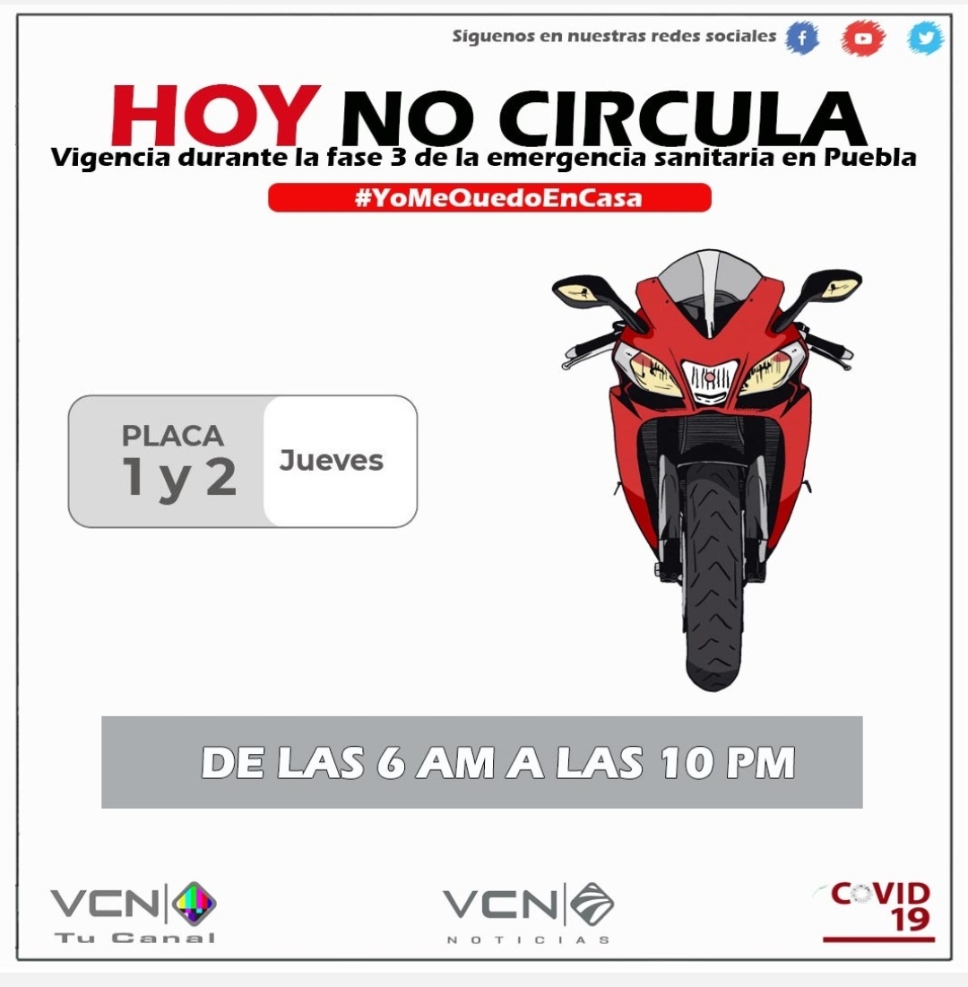 VocesPueblaVCN's tweet photo. #Recuerda ¦  Que hoy jueves en Puebla no circulan 🚫 los vehículos 🚘 con terminación de placas 1 y 2. #HoyNoCircula https://t.co/eMvtKJ8LEX