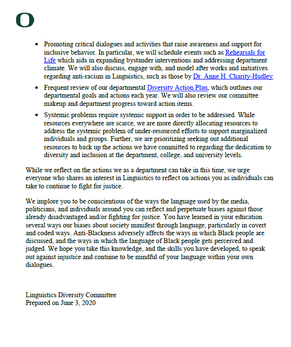 The Diversity Committee within the Department of Linguistics issues the following statement on racial justice:
linguistics.uoregon.edu/sites/linguist…