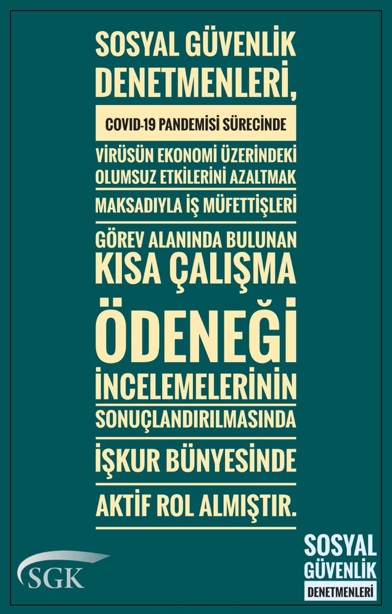 Sosyal güvenlik denetmenleri, Covid-19 pandemisi sürecinde sigortalılara ve işverenlere nesef aldıran kısa çalışma ödeneği çalışmalarına verdiği destekle ilgililere yapılan ödemelerinin aksamaması noktasında önemli katkıları olmuştur. 
Sgk SGDenetmenleri #denetmenlertakipte