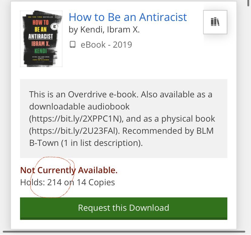 apeta_api's tweet image. You know there is a revolution going on when you try to get a hold of this book on your library’s online portal and see this! @EPLdotCA @friendsEPL @GlobalEdmonton @DrIbram #HowToBeAnAntiracist #BlackLivesMatter #RacismMustFall #educateyourself #amplifyBlackvoices