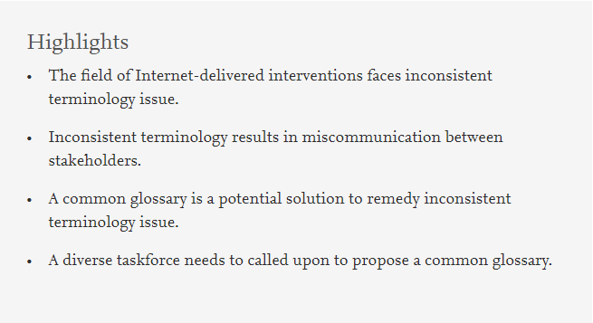 TomVanDaele's tweet photo. "The field of Internet-delivered interventions faces inconsistent terminology ... a common glossary should be proposed." Couldn't agree more! #ementalhealth #digitalmentalhealth #etherapy #onlineinterventions #telepsychiatry #guidedselfhelp ... https://t.co/TuDNNGFcv9 https://t.co/VieJKMteJ4
