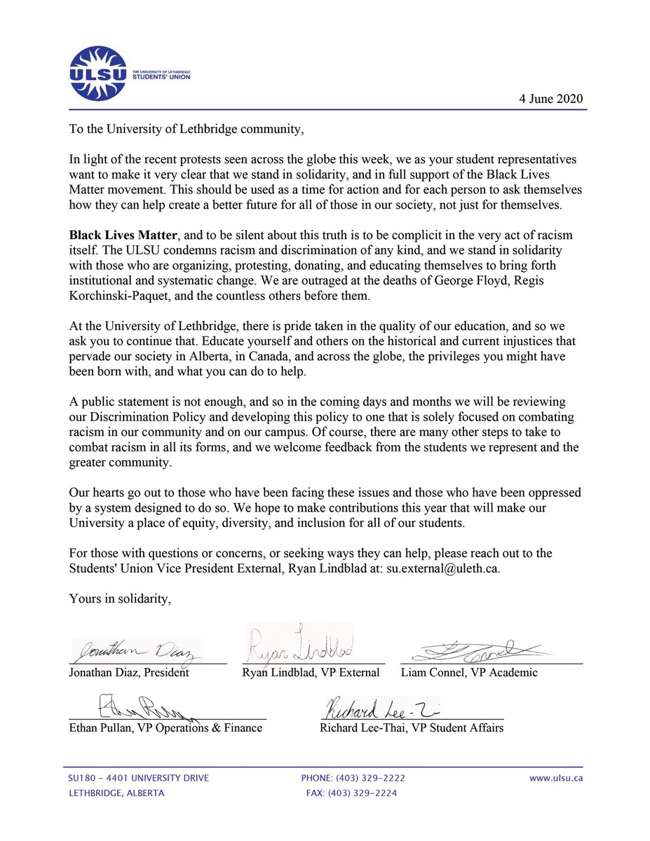 In light of the recent protests seen across the globe this week, we as your student representatives want to make it very clear that we stand in solidarity, and in full support of the Black Lives Matter movement. #blacklivesmattercanada 

bit.ly/2XwxUBk
