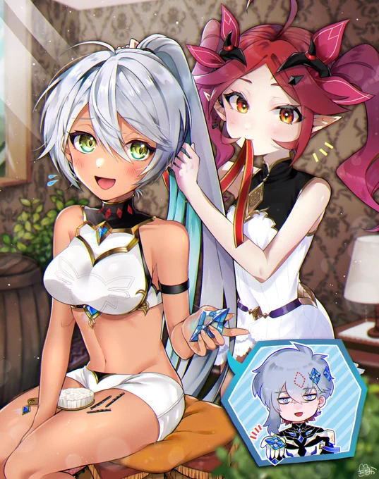 セレナとネロ(とヴァイス)
ヴァイスの髪飾りがセレナのポニテにくっついてると聞いて…!
どんなときにあげたのかな～
#kinakanoe 