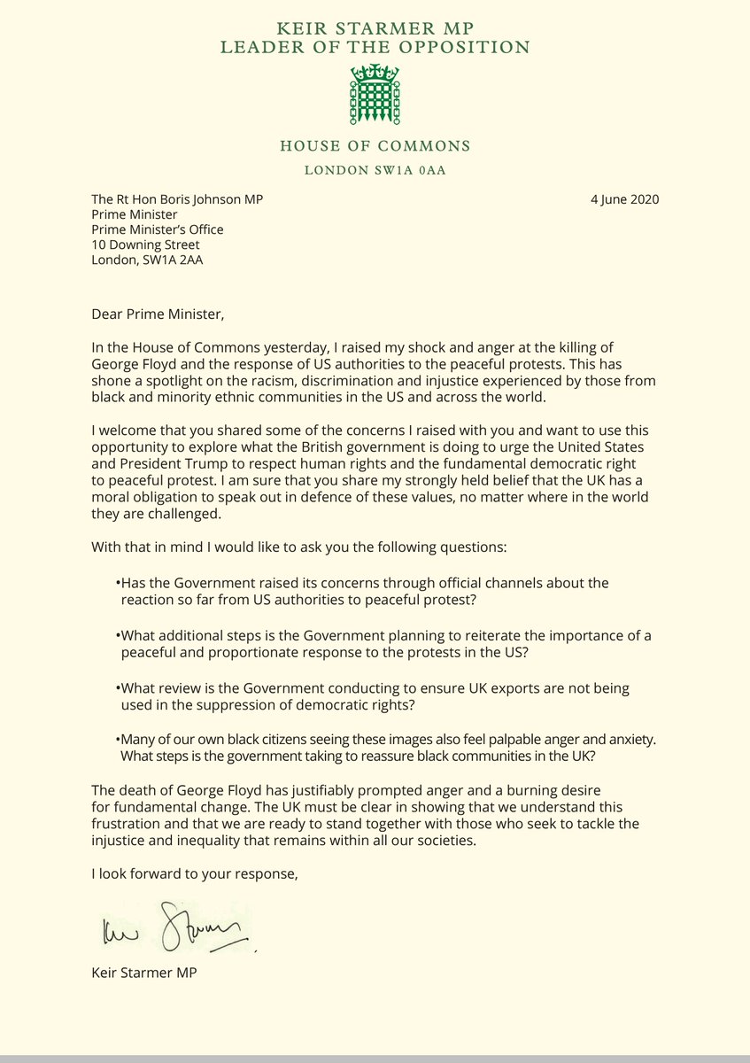 BREAKING - Keir Starmer has written to the Prime Minister asking: • Have the UK Gov raised concerns about the treatment of #BlackLivesMatter protesters in the United States? • Will they review export of riot equipment? • How do they plan to reassure the UK Black Community