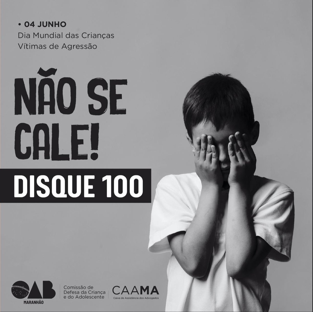 oab_ma's tweet photo. Não Se Cale! Denuncie. Disque 100
04 de junho - Dia Mundial das Crianças Vítimas de Agressão. #oabma #caama #acasadetodos https://t.co/lVzydpy956