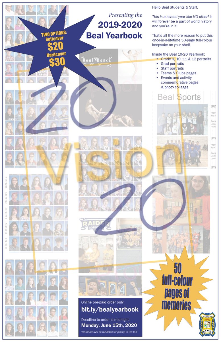 BealLibrary's tweet image. The 19-20 @HBBeal Yearbook is available to order. This is definitely a year to remember! Vision 2020 is 50 full-colour pages of our shared experiences and memories. Get it today to be able to remember and reminisce 'tomorrow.' Check it out: bit.ly/bealyearbook