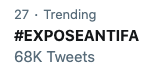 Project_Veritas's tweet photo. OUTRAGEOUS! 

#EXPOSEANTIFA currently trending at #27 with over 68,000 tweets while #PitMad sits at #1 with 46,000

Keep tweeting #EXPOSEANTIFA and sharing the video. 

@jack will not be able to shadowban all of us! https://t.co/p3bvFstcvn