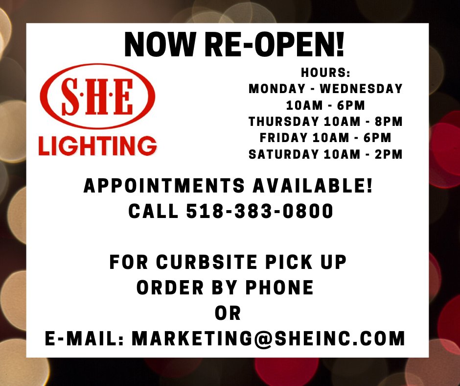 LightingShe's tweet image. We proudly continue to serve! Book your appointment today at 383-0800 ☎️ Online catalogs available on our website: shelighting.com 📚  #518OpenforBusiness #CRComeback