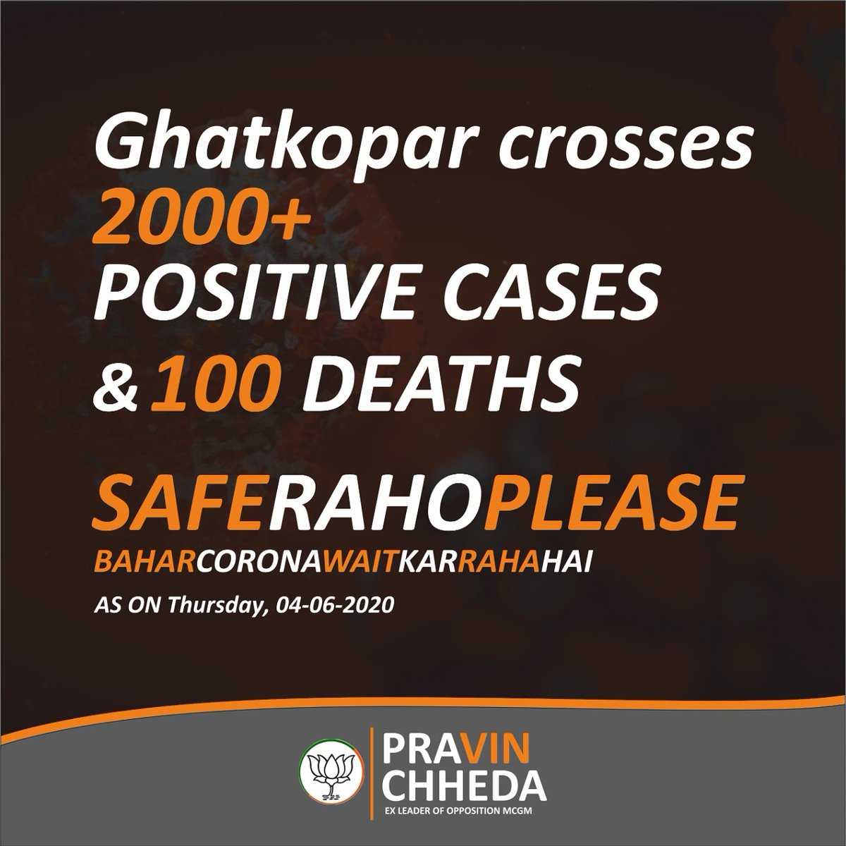 chheda_pravin's tweet photo. Total #Covid19 cases in #Ghatkoper 
N ward. #MCGM
As on Thursday, 4th June 2020
(As per mcgm Record) #Compare_to_Yesterday
In #Ghatkopar Covid spreading like #wildfire
Today we cross @2000+ and @100 Death https://t.co/xLXL4N0n2K