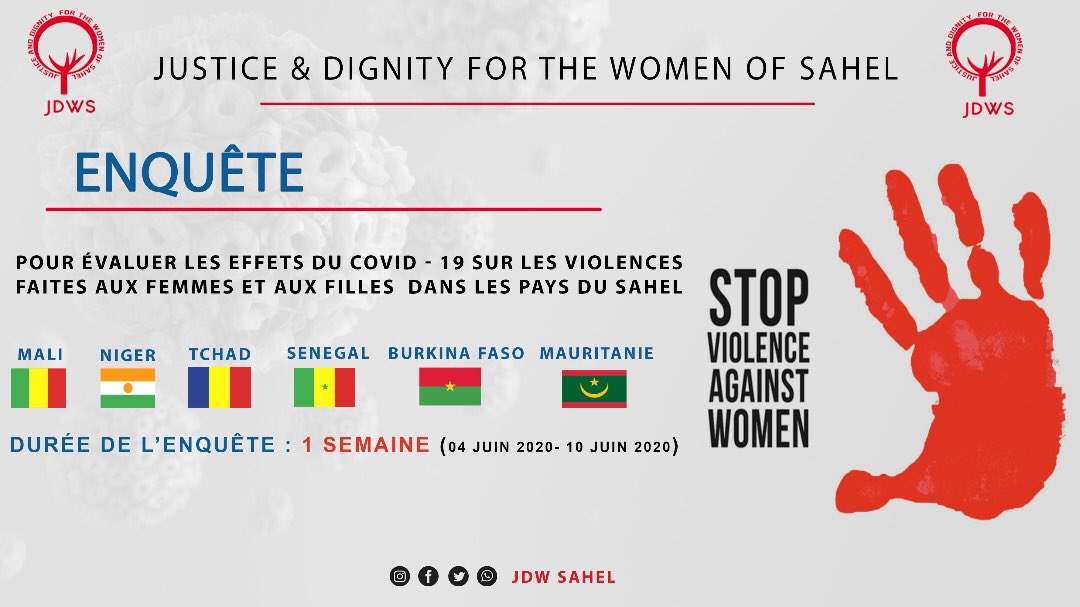 MakkaIssa's tweet image. L’ONG internationale JDWS (Justice And Dignity  Justice &amp;amp; dignity for woman of Sahel - JDWS a mis en place une évaluation des effets du COVID19 sur les violences faites aux femmes...
#JDWS #VBG #SAHEL #Tchad
