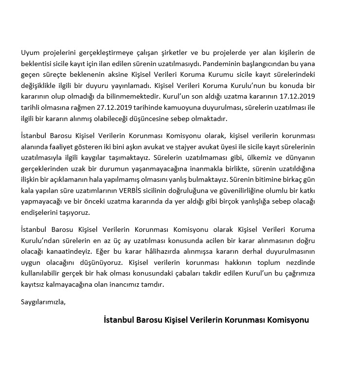 kvkkomisyonu's tweet photo. İstanbul Barosu Kişisel Verilerin Korunması Komisyonu olarak;

Kişisel Verileri Koruma Kurulu'na;

Covid19 pandemisi sebebiyle, Verbis Veri Sorumluları Siciline kayıt için sürenin acilen uzatılması ve duyurulması için çağrıda bulunuyoruz. https://t.co/GGYWN5onEN