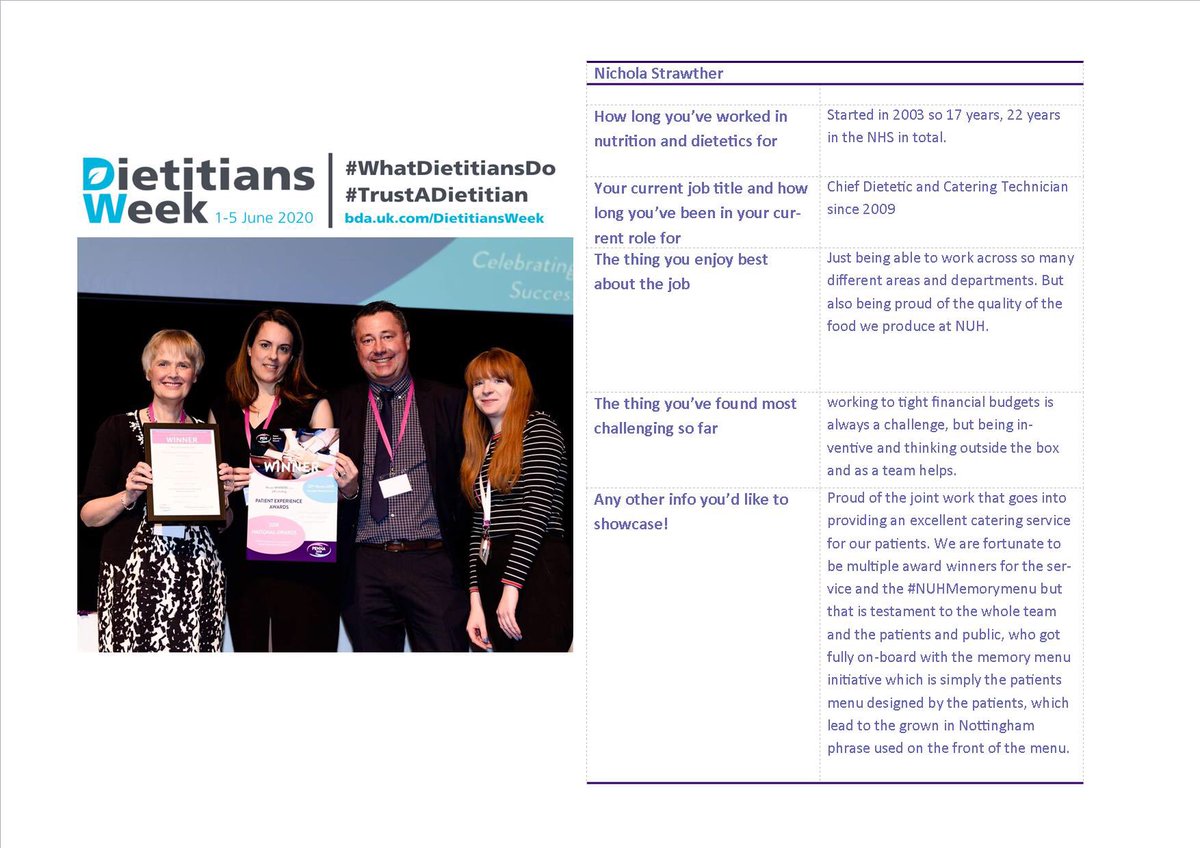 #dietitiansweek2020 #RD2B Today is all about the diversity of roles in dietetics. Look at some of our fantastic team. Meet Nicola – Chief Dietetic and Catering Technician @TeamNUH <a href="/BDA_Dietitians/">British Dietetic Association</a> @NUHTherapies@NUHCharity