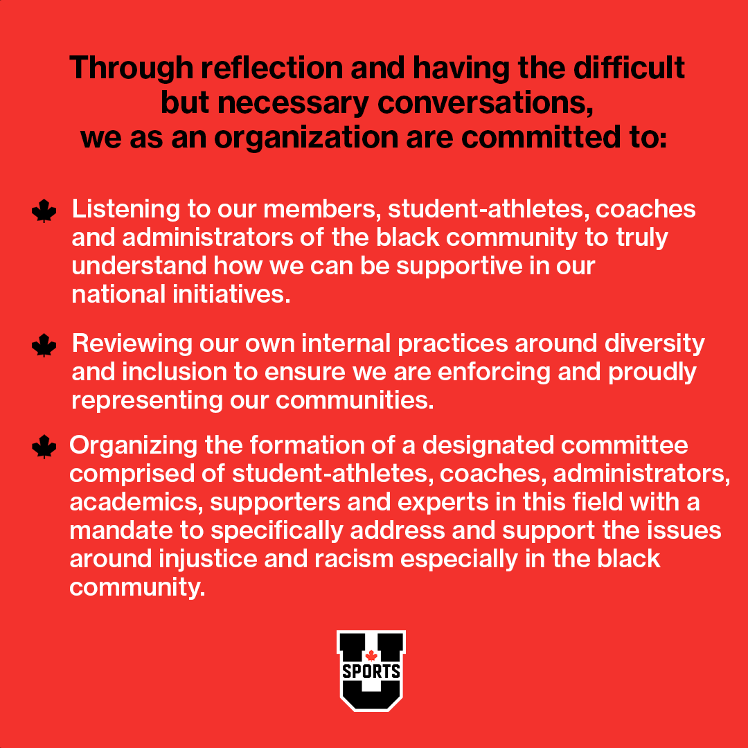 USPORTSca's tweet photo. It's time for change, and we know we need to do more. U SPORTS stands with the black community against police brutality and systematic racism. We commit to better engage with and represent the diverse Canadian university sport landscape #BlackLivesMatter https://t.co/6CzgwNz7GO