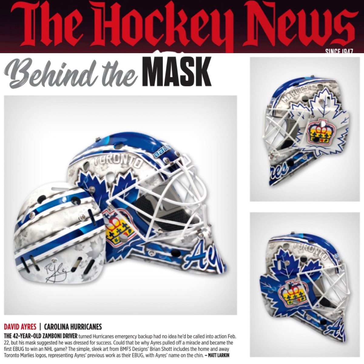bmfsdesigns's tweet image. Ayres mask featured in this months @TheHockeyNews Behind the Mask #goaliemask #bmfsdesigns #EBUG