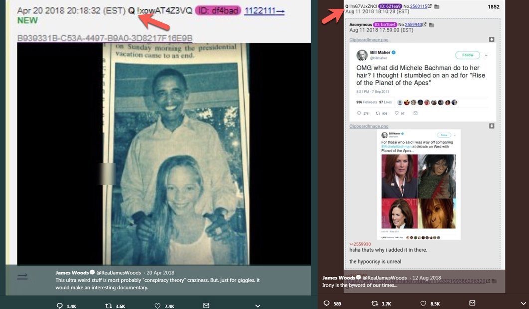 Trump last night retweeted Trump Jr. quote tweeting a QAnon account, along with retweeting James Woods yet again. Woods has tweeted multiple screenshots of "Q" posts, amplified QAnon content, & has also pushed Pizzagate.