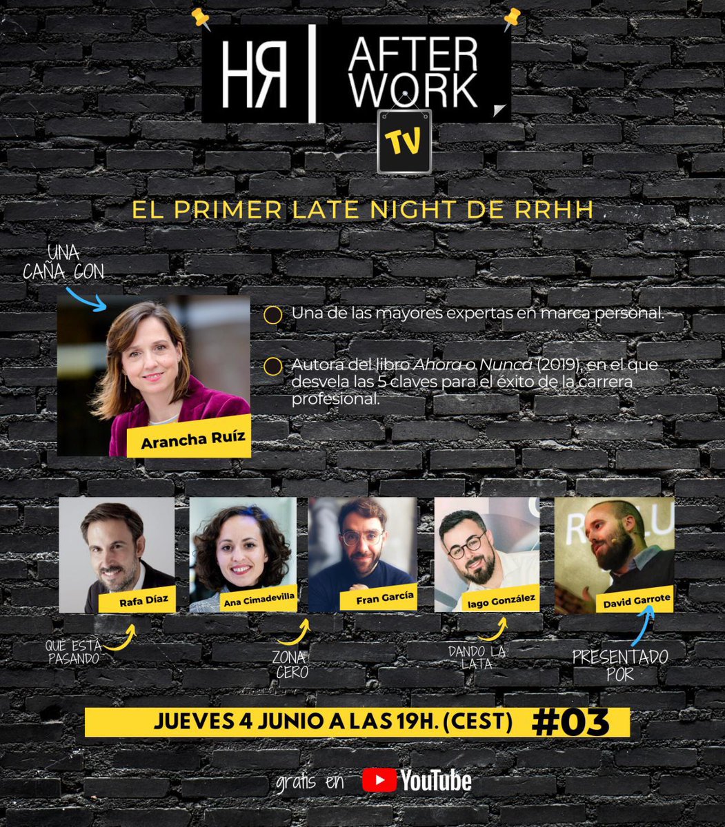 Esta tarde a las 19h nos vamos de #afterwork #RRHH con <a href="/alterarancha/">Arancha Ruiz Bachs</a> y <a href="/HRAfterwork/">HR Afterwork</a> #AhoraoNuncaLibro ow.ly/nbGo50zXCLR