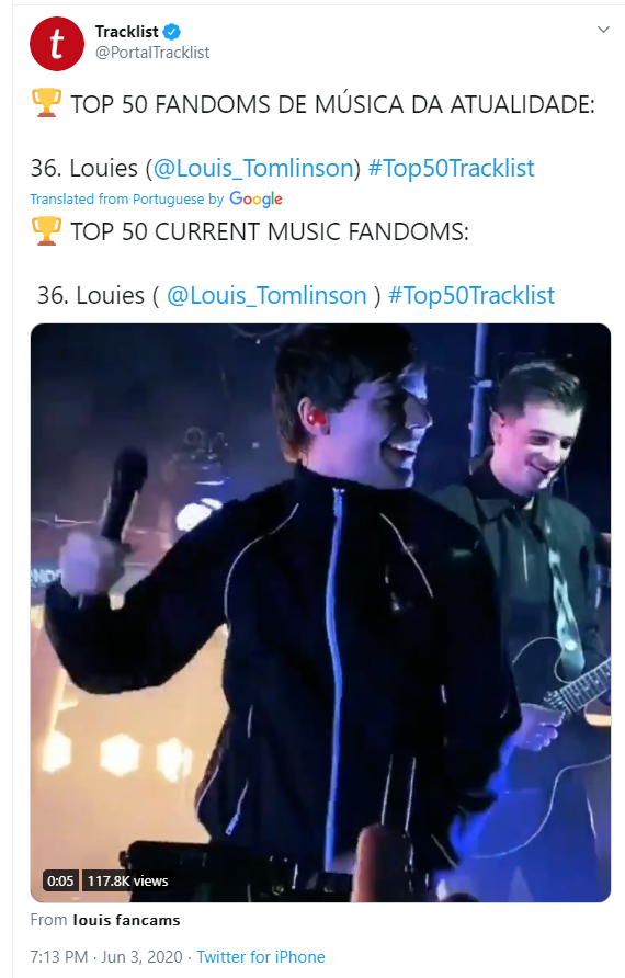 Bigblues1DLWT's tweet photo. Tracklist - TOP 50 CURRENT MUSIC FANDOMS - 36. Louies (@Louis_Tomlinson) #Top50Tracklist https://t.co/wlKSj4zzLV