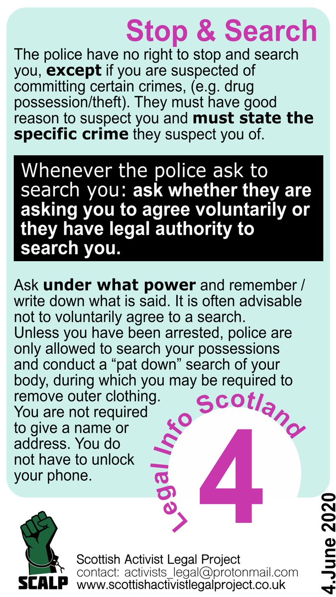 We have created some useful wee legal info cards for activism. Follow this thread for the rest, this is 4 of 9.

You can find them on our website, alongside the plain text version: scottishactivistlegalproject.co.uk/covid-resource…