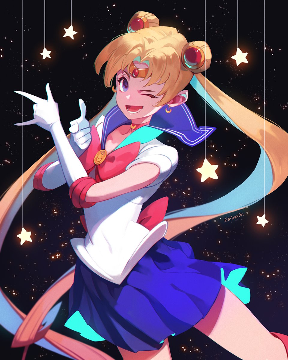 sailor moon ,tsukino usagi 1girl solo sailor senshi uniform one eye closed long hair blonde hair gloves  illustration images