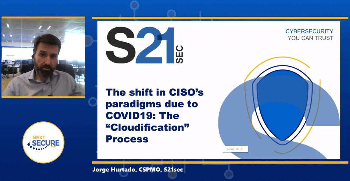 inigoladronm's tweet photo. Intervención "Nuevas prioridades del #CISO tras el #COVID", Jorge Hurtado (CSPMO, Chief Sales & Marketing Officer y Vicepresidente de @S21sec), en la XXII Edición del evento de #ciberseguridad #NextSecure, de @S21sec, @Nextel. #S21Sec, #Nextel, #nextsecure, #nextsecure2020, #SOC https://t.co/yJmlwGGX9c