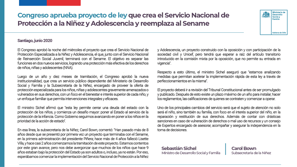 MinDesarrollo's tweet photo. Infórmate sobre la aprobación en el Congreso del nuevo Servicio de Protección Especializada a la Niñez y Adolescencia que remplazará al Sename. #NuevoServicioNNA 👉 https://t.co/tTjzHwQq32 https://t.co/AIuQXEZADX