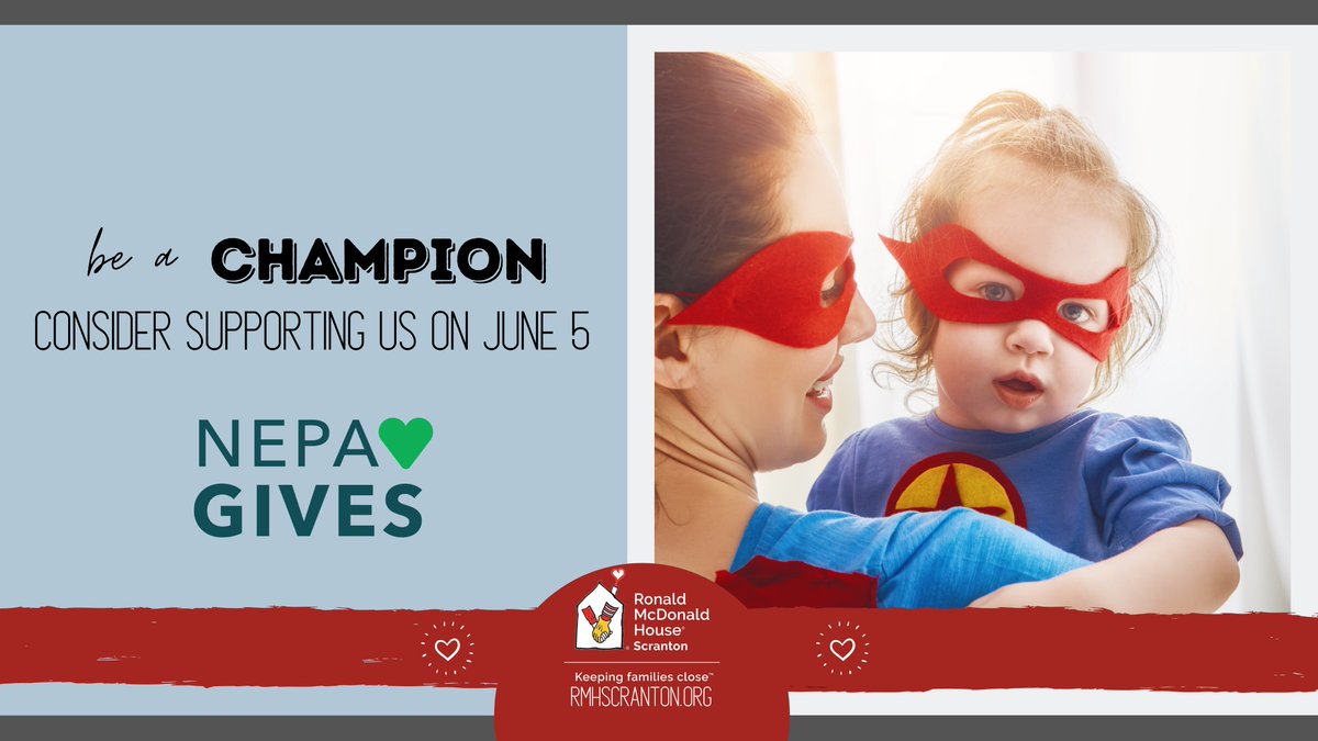 You can be a champion for Ronald McDonald House on Friday, June 5th by supporting us through NEPA Gives.  NEPA Gives is a one-day online giving event that's all about giving back to great causes in our community! 

On Friday, June 5th go to

nepagives.org/organizations/…

#Grateful