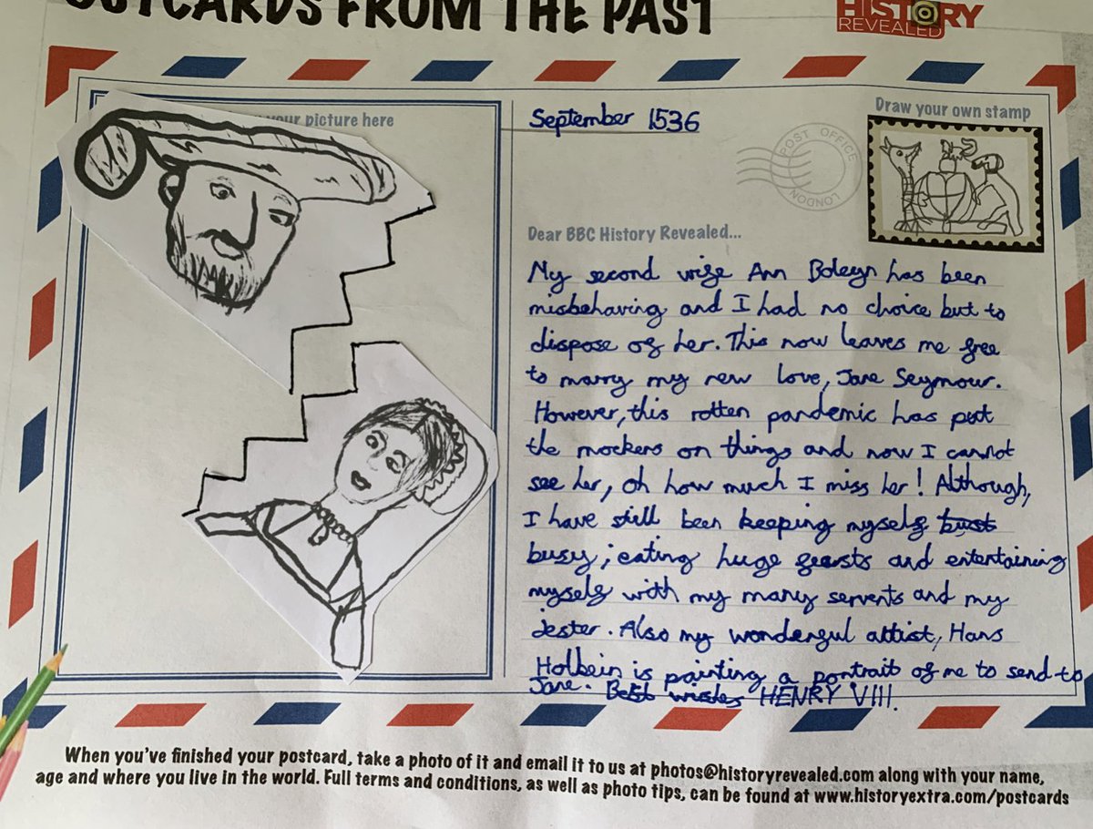 HistoryExtra's tweet photo. 4) Henry VIII – by Francesca, 9, Essex

"My second wife Anne Boleyn has been misbehaving and I had no choice but to dispose of her. This now leaves me free to marry my new love, Jane Seymour. However, this rotten pandemic has put the mockers on things..."

#pastpostcards https://t.co/HS5Rf4LpWr