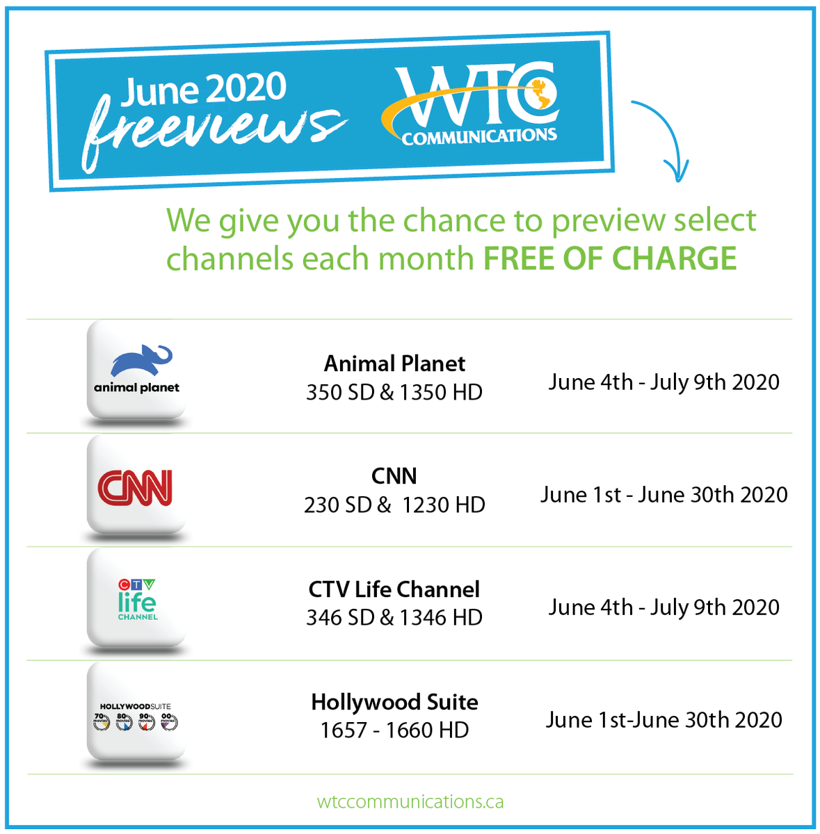 wtccomm's tweet photo. Watch these channels for #FREE all month with WTC TV!

@AnimalPlanetCa 

@CNN

@CTVLife 

@hollywoodsuite 

#whattowatch #wtccomm https://t.co/1vHRV7Gk62