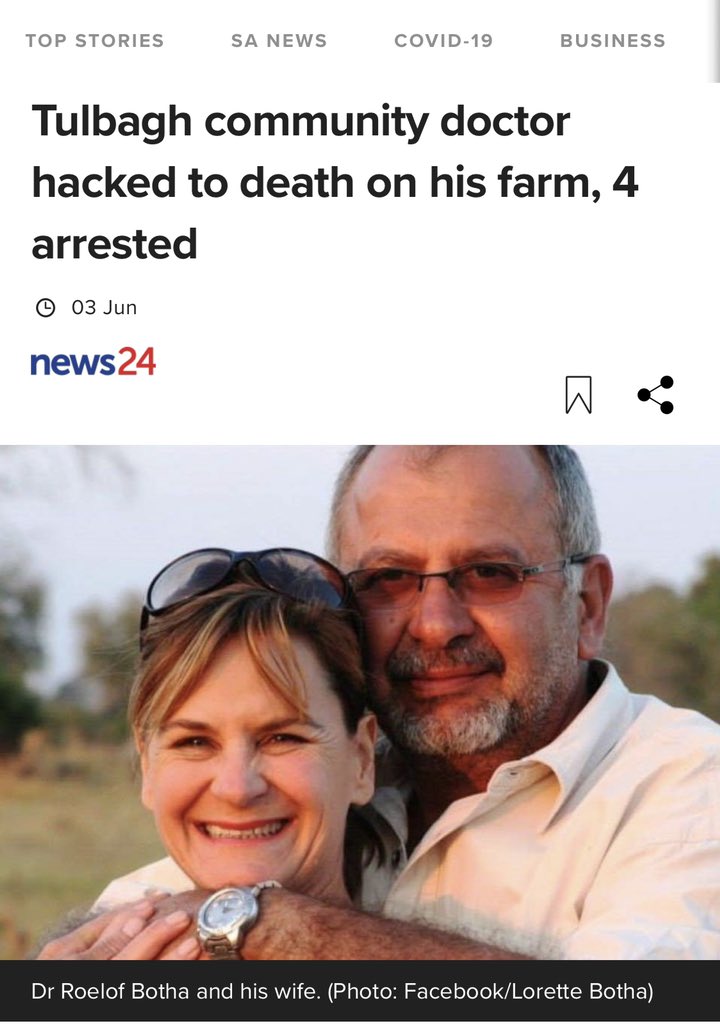 Dr #RoelofBotha Hacked to death by a black gangs on his farm for the privilege of being white. And because he is the wrong colour, the world looks the other way. Love to his wife, daughter and white South Africans - genocided from their land #plaasmoorde