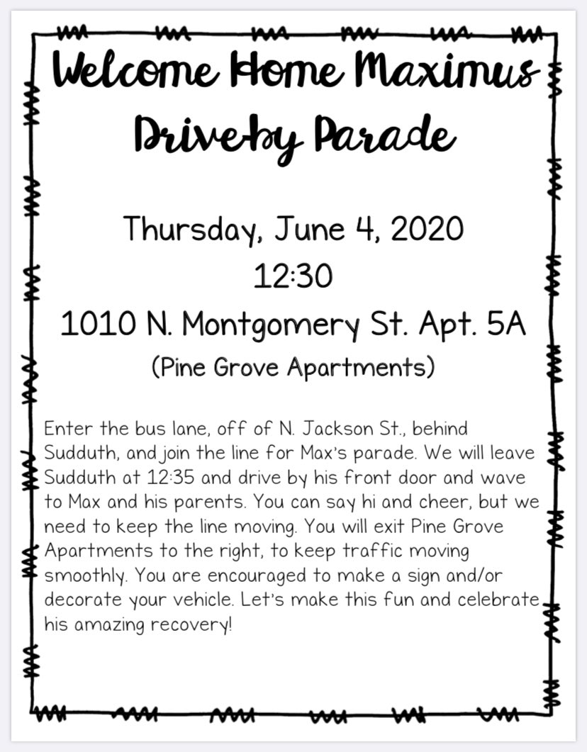 MsWaldenPreK's tweet photo. Today’s the day for #MightyMax’s welcome home parade. Let’s make him smile!! 🥰😍😁#tweetcher #JacketFamily #MightyMax @wubben_angie @SudduthJackets @StarkvilleSD https://t.co/FpjVoyM0dW