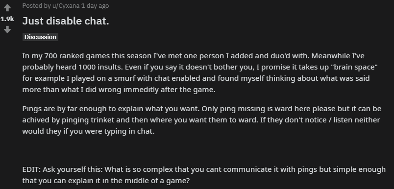 tryhardergg's tweet image. [#LeagueOfLegends] This is good advice, but for all chat. We saw win rates improve by ~5% for players when they turned off all chat. For your own team, recommend muting after 2 unhelpful comments. Hard to see summoner spell timers otherwise.

Source: reddit.com/r/summonerscho…