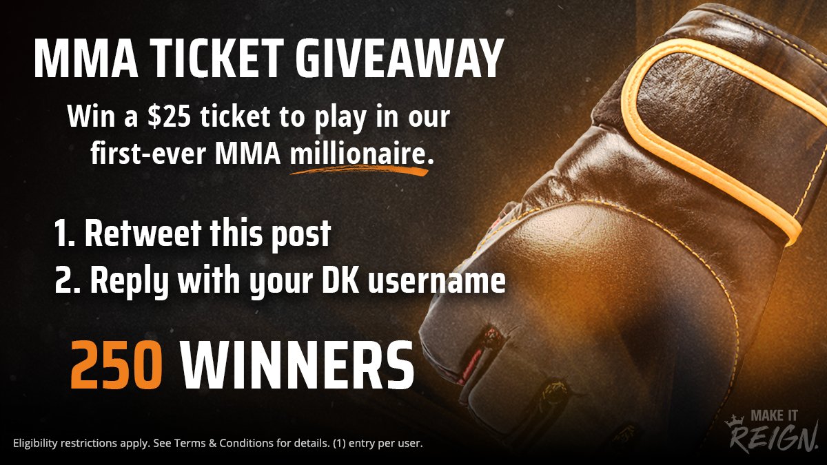 DraftKings's tweet photo. Here's another shot to win a FREE entry into our first-ever MMA millionaire! 👇

1) Retweet this post
2) Reply with your DK username

250 winners. Ends 6/5. 
T&amp;C: https://t.co/XnjZzegPBo https://t.co/xVXGHLKbc0
