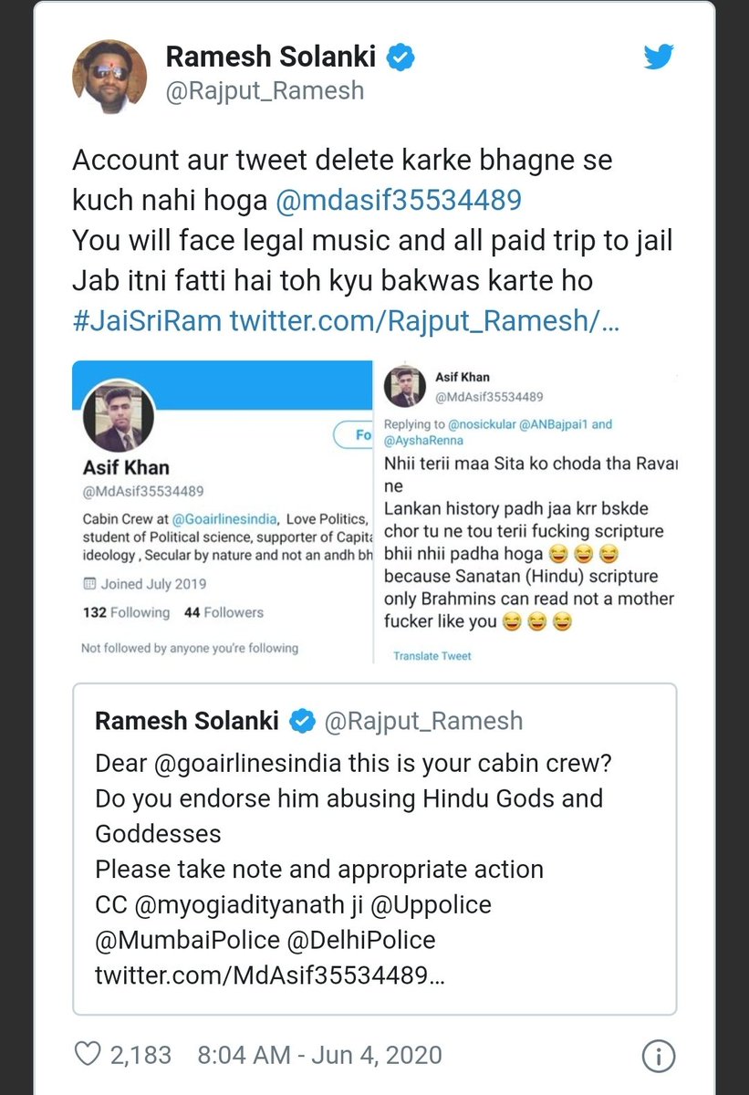 SanatanParivaar's tweet image. #Go_Air में काम करने वाले #आशिफ खान ने खुलेआम #माता_सीता_जी को दी #भद्दी_गालियां ।

#हिन्दुओं को अपमानित करनें का एक ट्रेंड सा चल गया है कभी वेब सीरीज के माध्यम से हिन्दुओं को और हिन्दू देवी-देवताओं को अपमानित करना ।
1/2