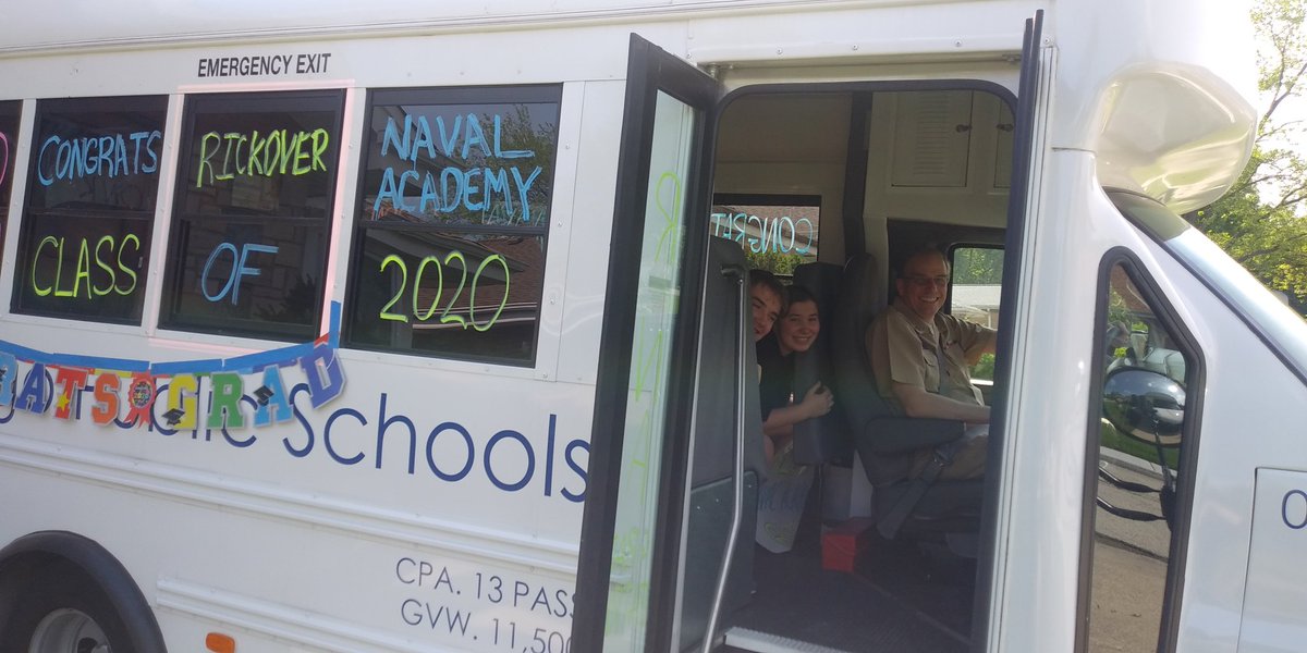 RickoverNavalHS's tweet photo. Day 2 of Grad Patrol begins NOW! Mr. Biela is back behind the wheel of the bus w/his son (a Rickover Sophomore) &amp; his daughter (an incoming Rickover Freshman)! Time to celebrate Seniors! @janicejackson @ChiPubSchools #classof2020 #GradPatrol #Chicago #Celebrate #RickoverStrong https://t.co/bX6lmiC39d