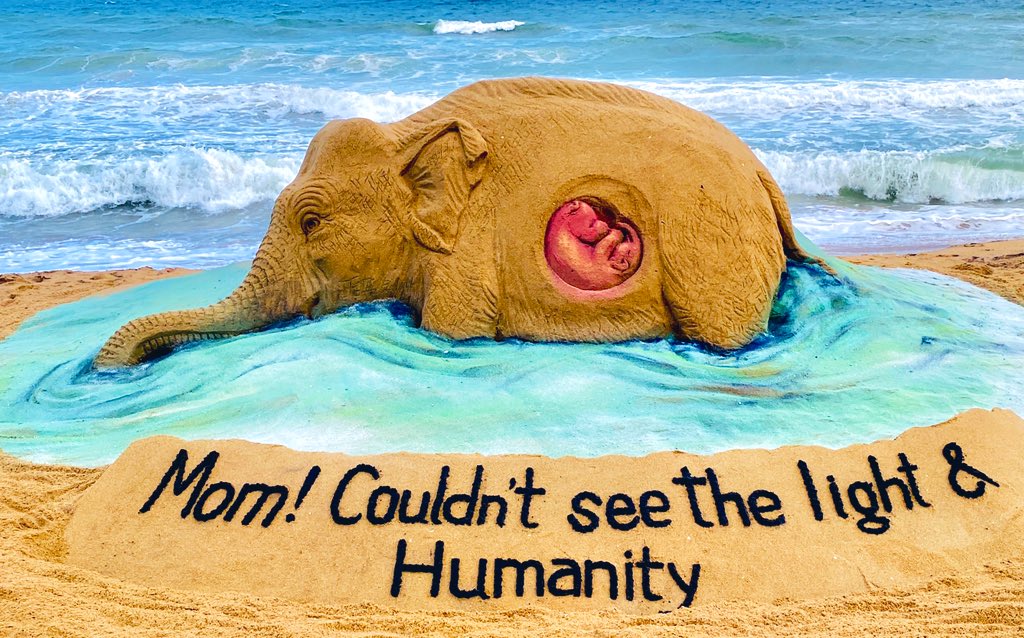 sudarsansand's tweet photo. “Mom! Couldn’t see the light &amp; humanity.” I’m outraged by the  unfortunate death of a pregnant elephant in Kerala. My #SandArt at #Puri beach. May such things never happen again. https://t.co/AdxTteXlGY