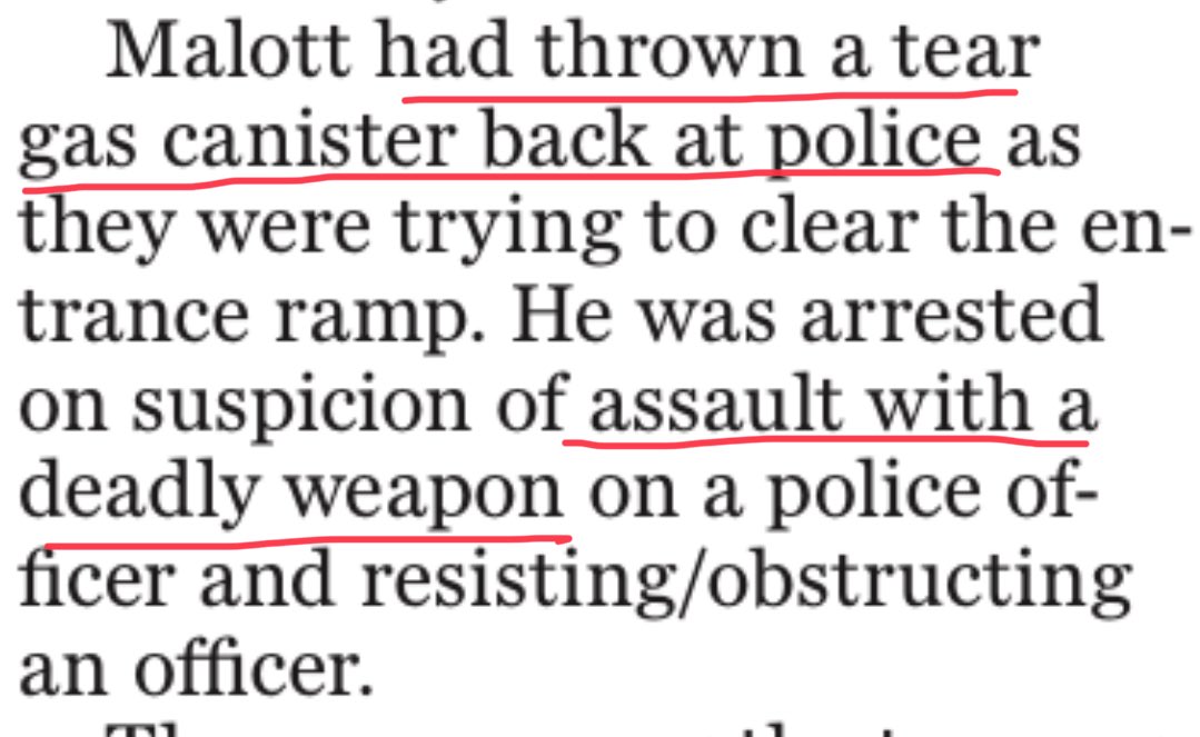 leftiblog's tweet image. If cops shoot tear gas at you, that’s “crowd control”, but if you pick it up and throw it back, that’s “assault with a deadly weapon”. Got it.