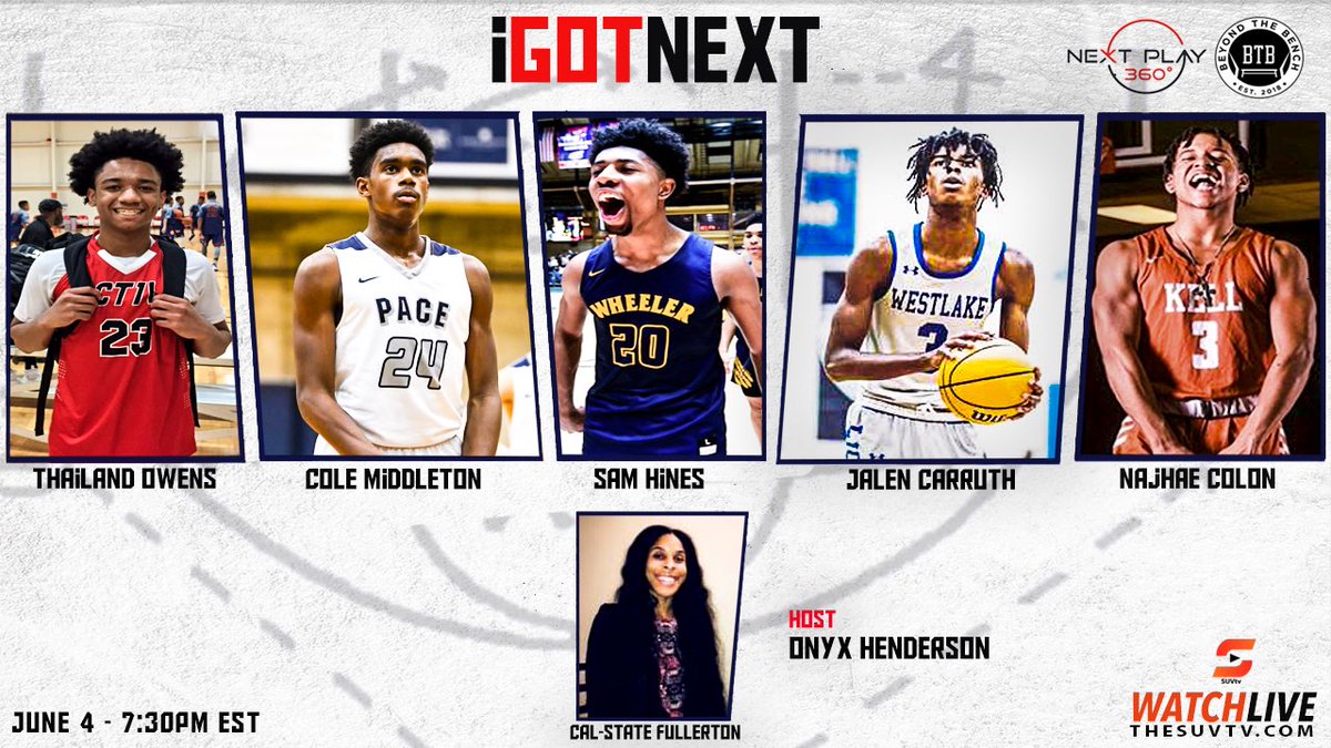 SUVtv (@suvtv) on Twitter photo 🚨”I Got Next” presented by Next Play 360 & Beyond The Bench
⏰Tune in at 7:30pm ET
🎙 <a href="/onyxhenderson/">OH $avagee 🌬</a> @snejayy <a href="/NajhaeC/">Najhae Colón</a> <a href="/iamshj18/">Sam Hines</a> @colemiddleton24 <a href="/Taihland/">Taihland Owens</a>
*Q&A w/ Jordan Tucker
📺theSUVtv.com/NextPlay360
<a href="/BT_Bench/">BeyondTheBench</a>
#SUVtv 🚨”I Got Next” presented by Next Play 360 & Beyond The Bench
⏰Tune in at 7:30pm ET
🎙 <a href="/onyxhenderson/">OH $avagee 🌬</a> @snejayy <a href="/NajhaeC/">Najhae Colón</a> <a href="/iamshj18/">Sam Hines</a> @colemiddleton24 <a href="/Taihland/">Taihland Owens</a>
*Q&A w/ Jordan Tucker
📺theSUVtv.com/NextPlay360
<a href="/BT_Bench/">BeyondTheBench</a>
#SUVtv