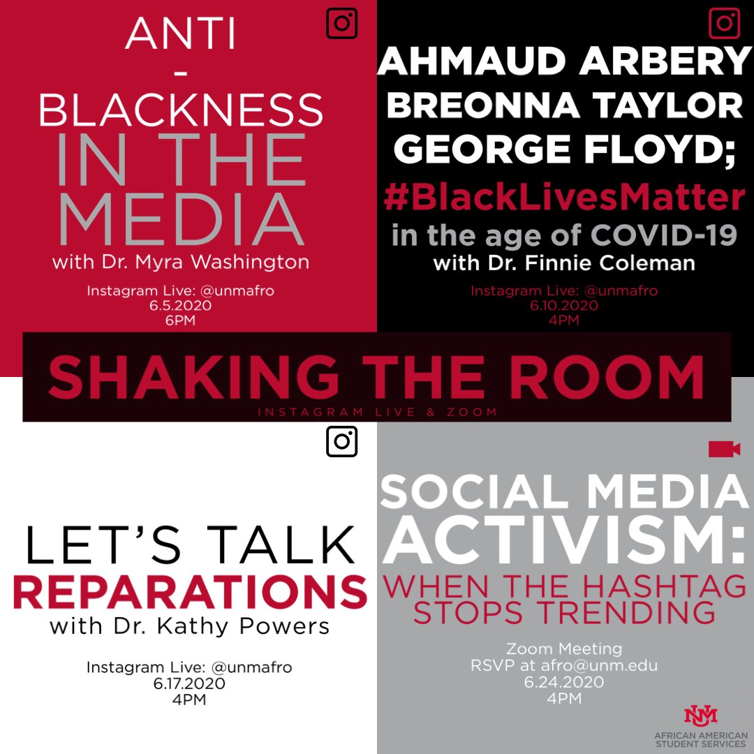 Please join us all month for critical conversations with our UNM Black Faculty. Tune in live on instagram as they shake the room and facilitate dynamic discussions! #BlackAtUNM