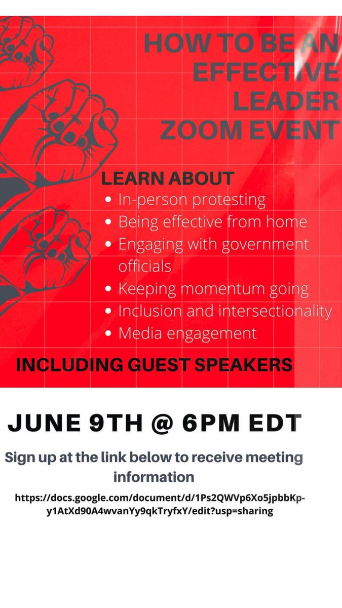 For anyone questioning how they can be the most supportive and effective activist, a few friends and I have organized a FREE class to inform anyone interested in becoming a better activist, whether you are at home or protesting!!! Sign up sheet: docs.google.com/document/d/1Ps…