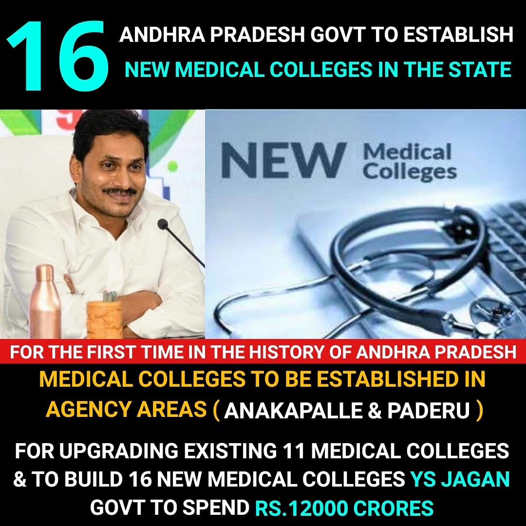 Justice_4Vizag's tweet image. For First Time In The History Of Andhra Pradesh , Medical Colleges To Be Established In Agency Areas At Anakapalle,Paderu

@ysjagan Gvt To Establish 16 New Medical Colleges

For Upgrading Existing 11 Medical Colleges &amp;amp; To Build 16 New Medical Colleges Rs.12000 Crores To Be Spent