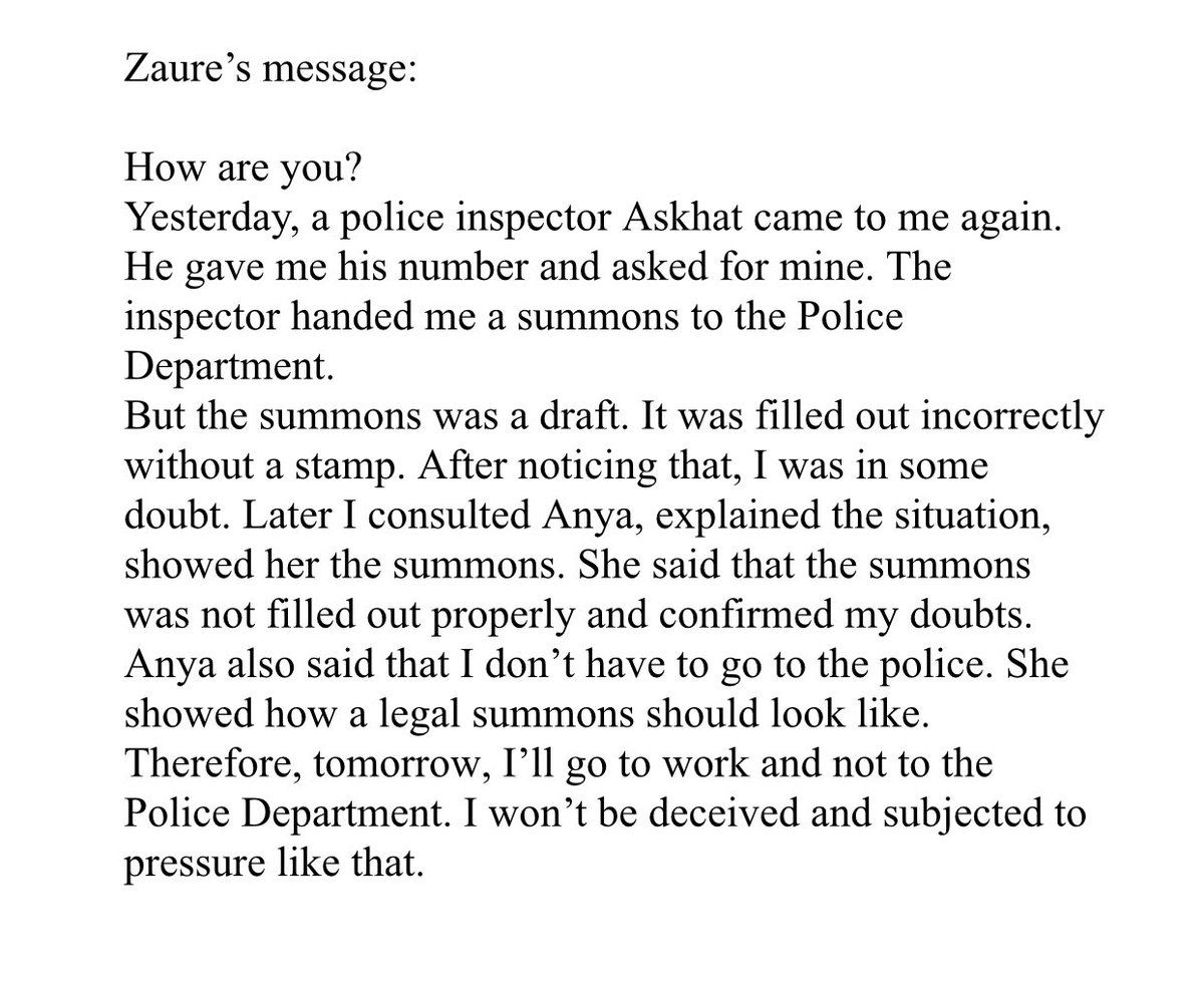 ksaumuk's tweet photo. May 18, 2020, #Karaganda. Zaure #Karibayeva was subjected to pressure. A police inspector #Askhat exploited Zaure’s ignorance of a legal summons and forced her to go to the Police Department.
@EmmaSabzalieva @ChOrozobekova @caj @AMastellari @EyesAbroad @ChrisRickleton @AI_UofT https://t.co/W5fp6VkueY