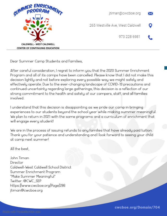 CWC_SEP's tweet image. It is with great sadness that we have decided to cancel this summer's Enrichment Program. We look forward to seeing all of you next summer! @CWCSchools