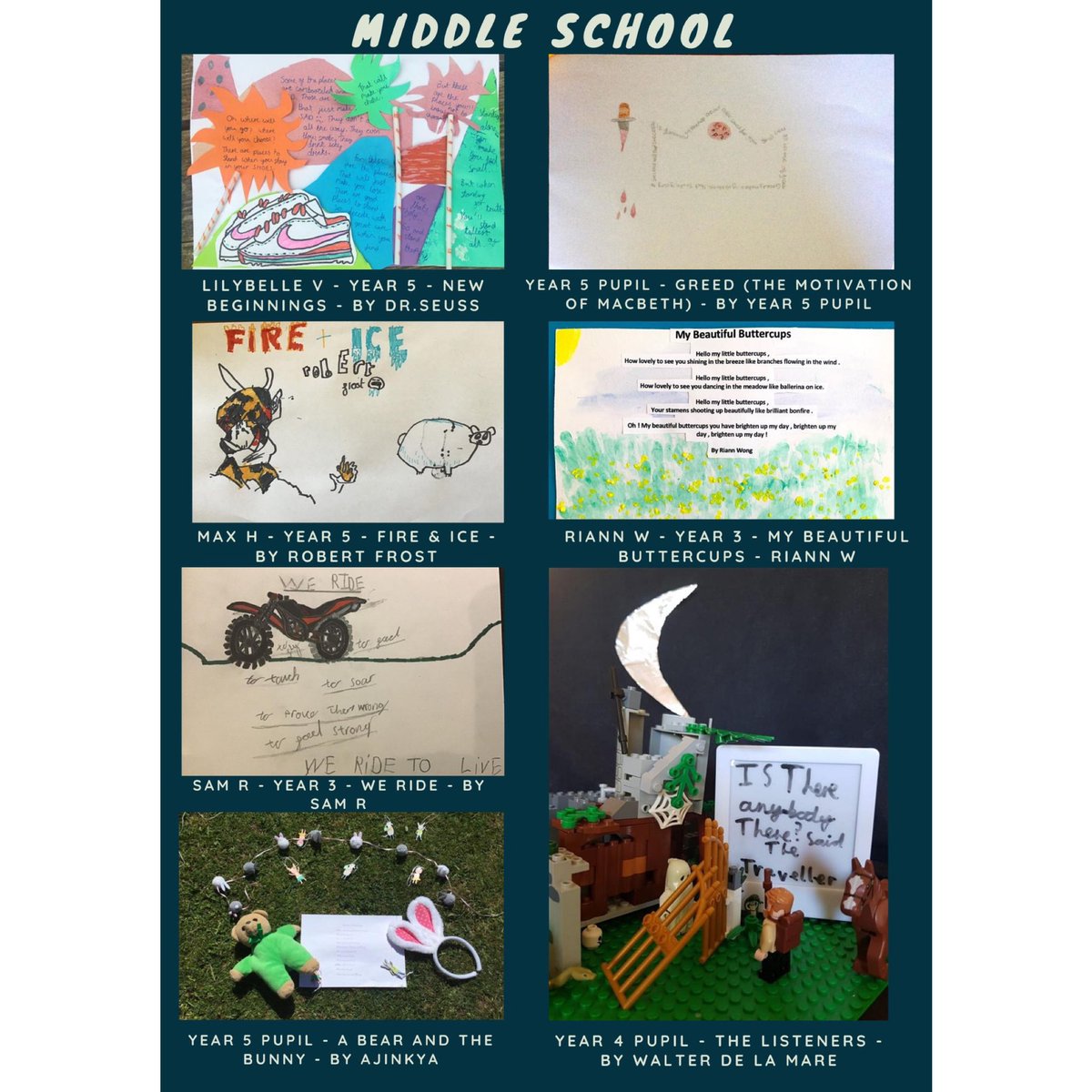 APrestfelde's tweet photo. Amazing entries for the last Art Isolation Challenge #7 - creating art based on a poem! Brilliant to see so much creativity across LP, MS, SS and the wider community. Some pupils even wrote their own poems too!@prestfelde #poemart https://t.co/CExPQ3ggeT