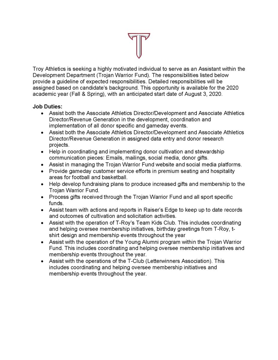 troy_hstm's tweet photo. ATTENTION- Graduate Students: Troy Athletics has a Graduate Assistant position they are looking to fill for the Fall semester. Check your email for more information! https://t.co/7GEMUC0wW7