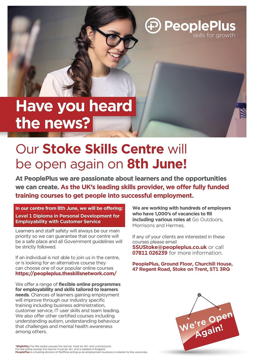 Stoke will be one of our centres due to open on the 8th of June. We are offering a range of free flexible programmes for employability and skills tailored to the learners requirements both in centre and online.  Get in touch know anyone who might be interested @JCPInStaffs