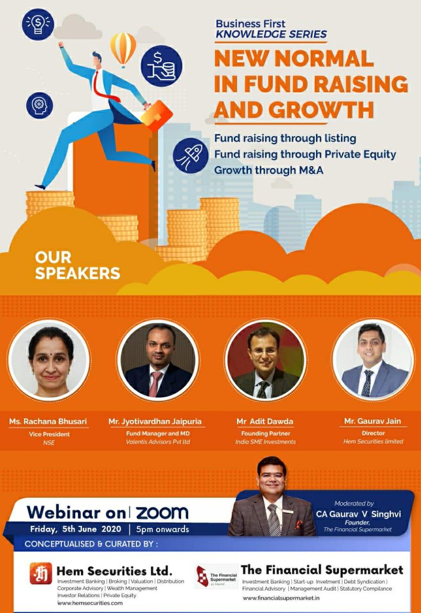 Topic : New Normal in Fund Raising and Growth
Date : 5th June (Friday)
Time : 5 Pm Onwards

Zoom Registeration Link : zoom.us/webinar/regist…

Speakers : 
1. Ms Rachana Bhusari
2. Mr Jyotivardhan Jaipuria
3. Mr Adit Dawda
4. Mr Gaurav Jain

Moderator: CA Gaurav V Singhvi