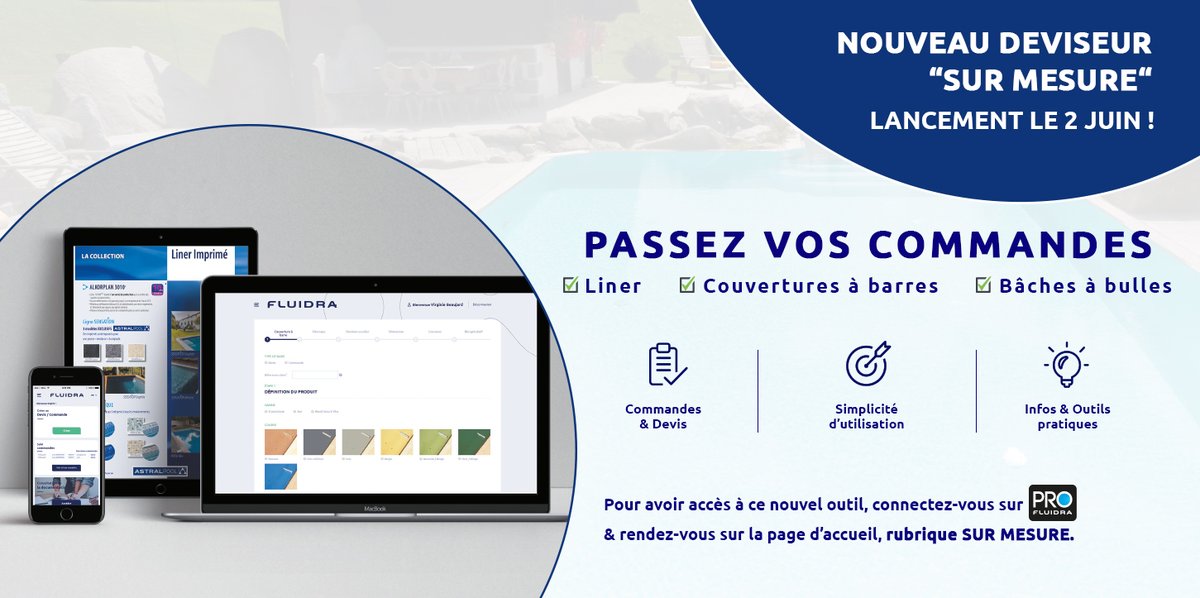 Votre nouvel espace SUR MESURE est disponible !

Optimisez votre temps, une fois les cotes prises &amp; saisies, grâce à notre nouveau deviseur sur-mesure. Essayez-le dès maintenant sur notre site PRO Fluidra ➡️ bit.ly/3cxNOzJ